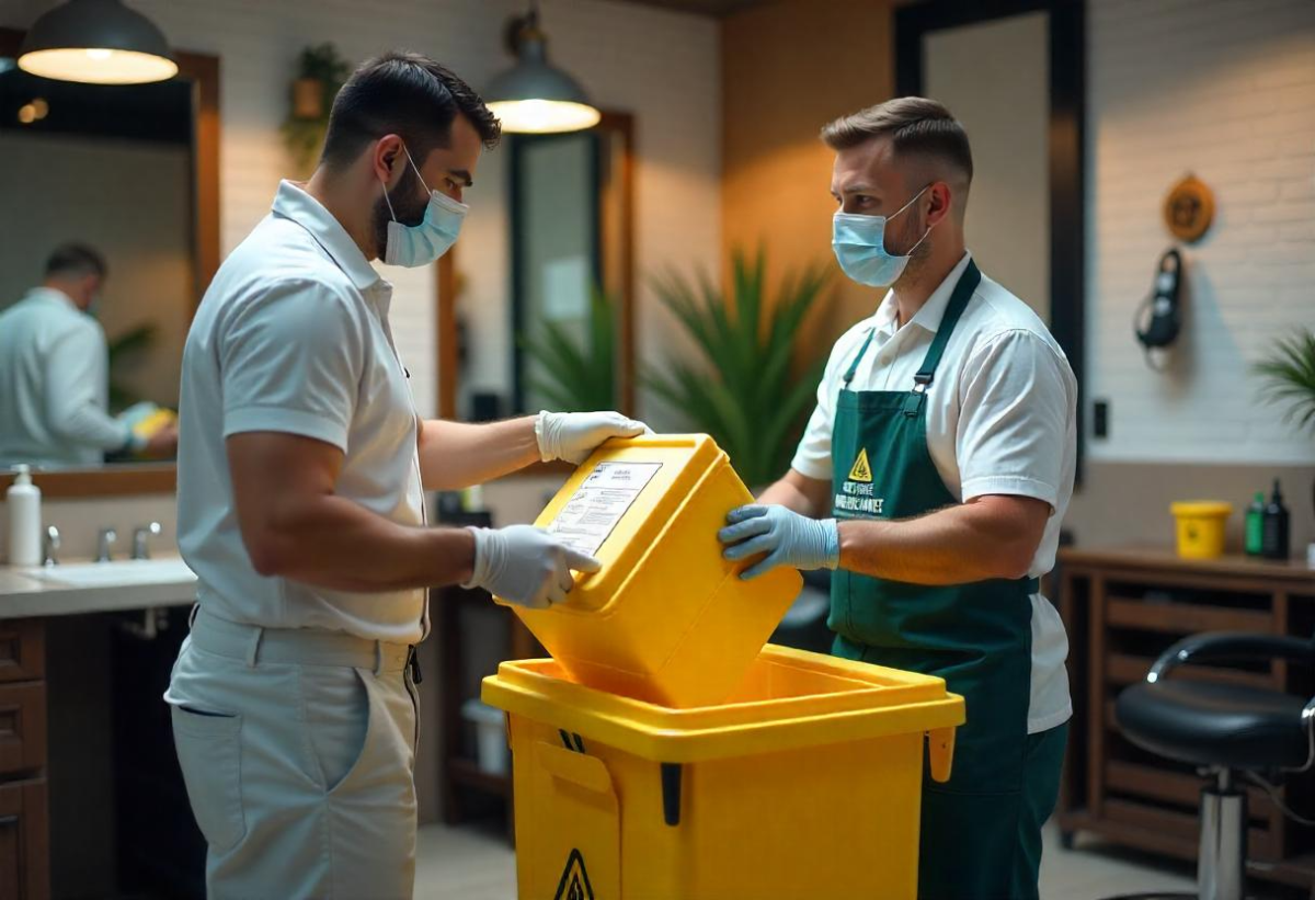 Barbero trabajando en un entorno limpio con contenedor de residuos sanitarios visible